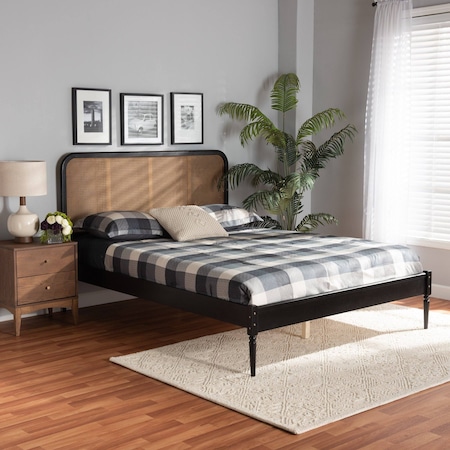 Baxton Studio Elston Mid-Century Charcoal Finished Wood and Synthetic Rattan Platform Bed-Queen 193-11487-ZORO